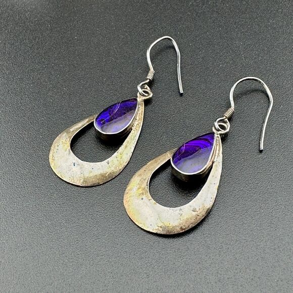 Vintage 925 Silver Purple Abalone Shell MOP in Resin Dangle Hook Earrings 1.75" - Picture 2 of 12